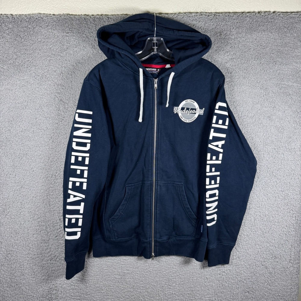 Y2K Undefeated Mens Navy Blue Graphic Full Zip Hoodie Logo Sleeves Medium 2000s